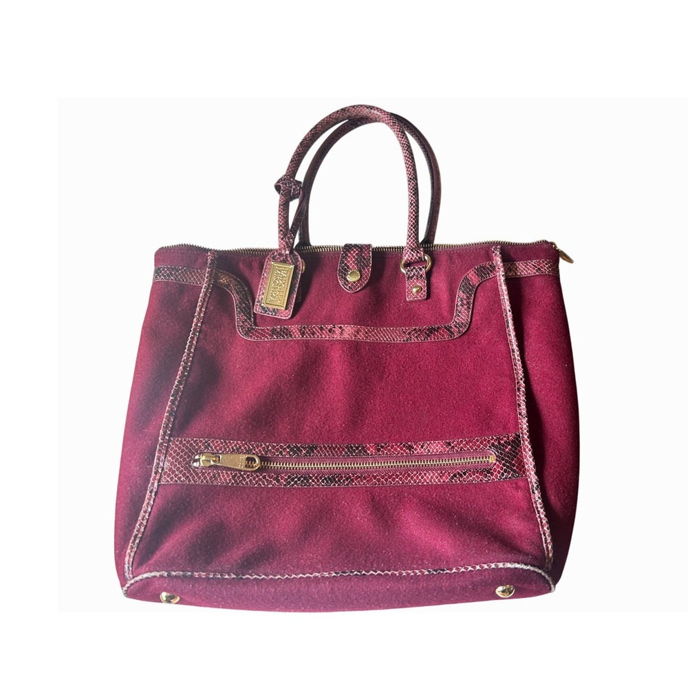 Badgley Mischka Burgundy Wool Tote Bag Snakeskin Trim Zip Pocket Satchel